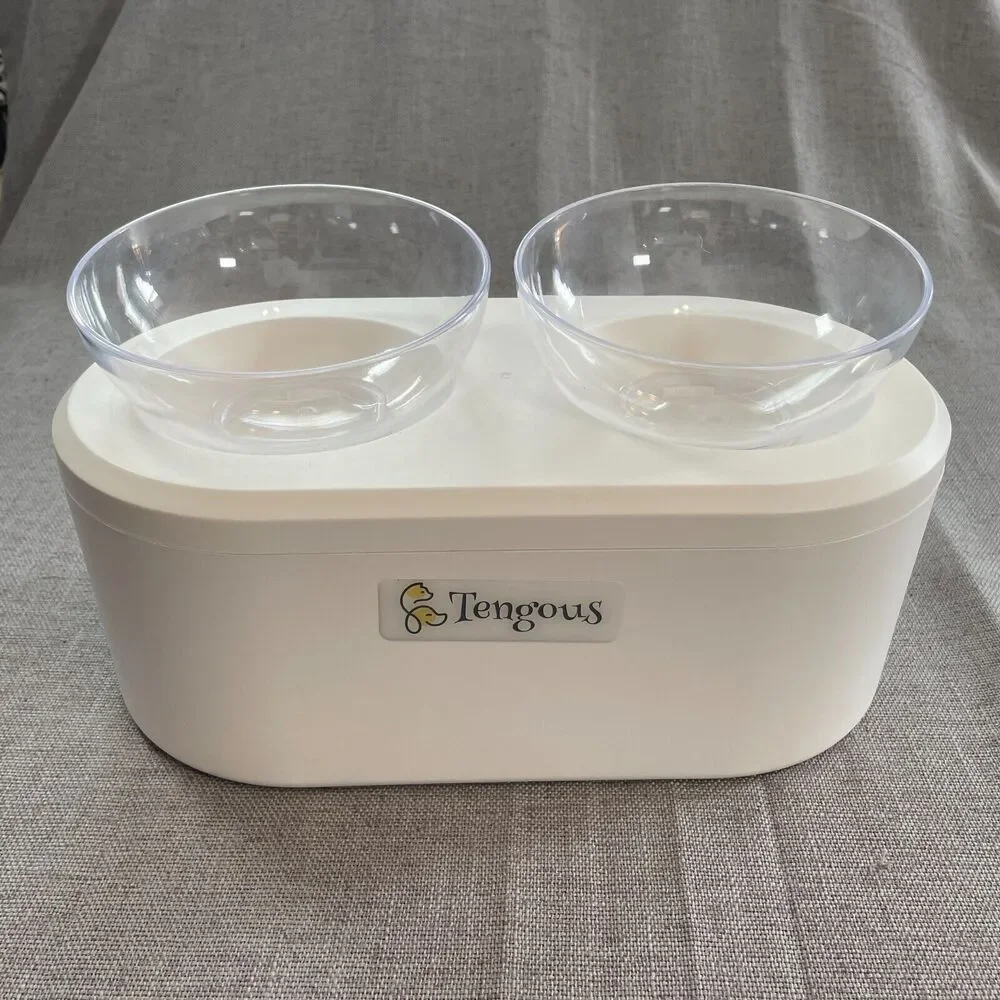 Little Treasures Pet Bowl by Tengous Raised Double Bowl White Plastic w/ Storage